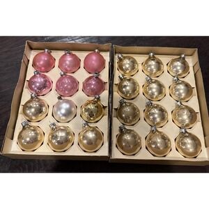 Vintage American Made Variety Pink Gold‎ Glass Christmas Ornaments 2" Box 24 Set
